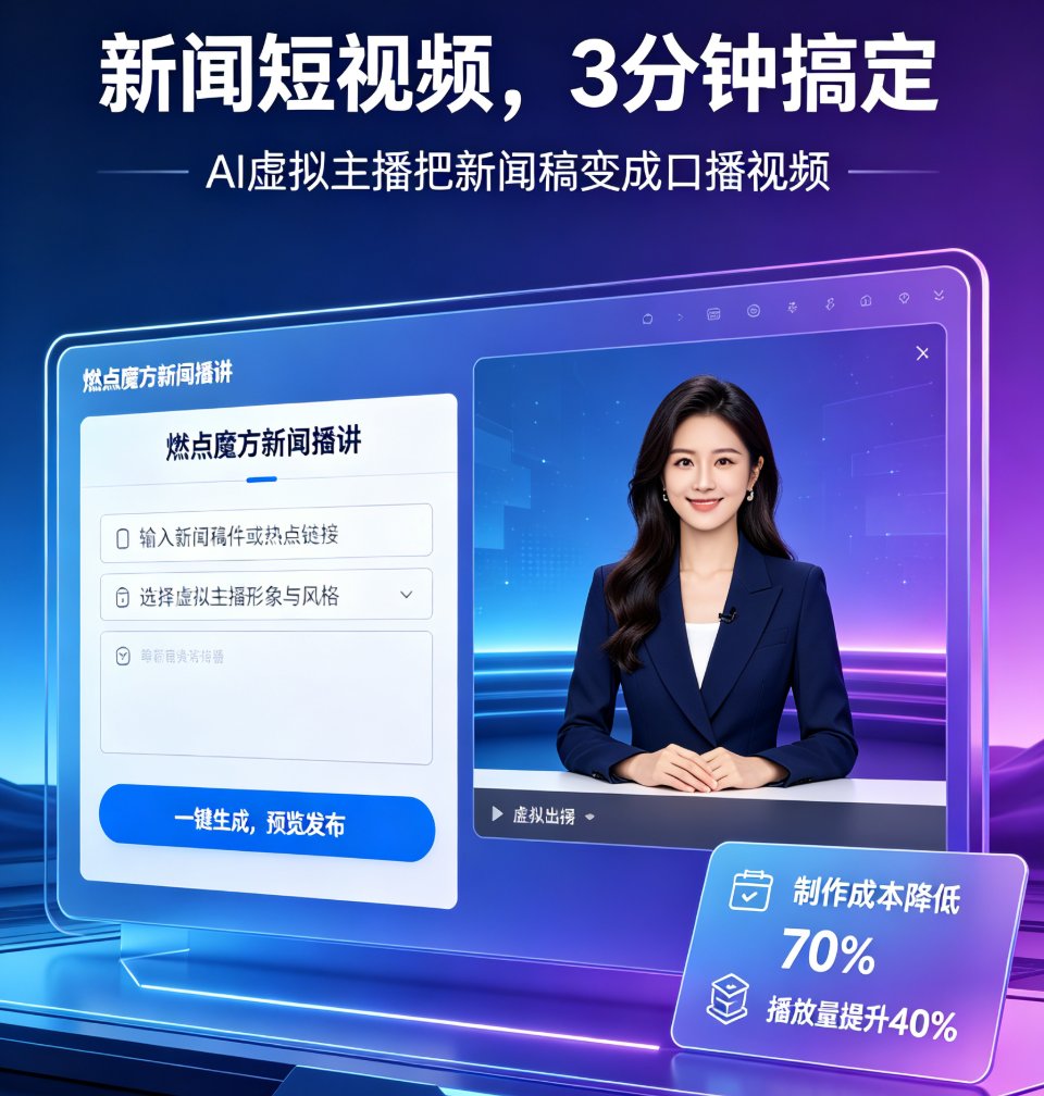 新闻播报视频制作流程繁琐？燃点魔方AI主播一键生成，热点秒变短视频