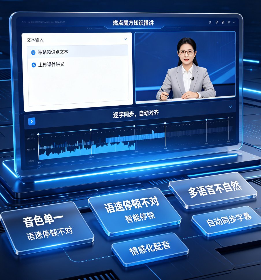 燃点魔方知识播讲界面,左侧为文本输入区,右侧为虚拟讲师预览和字幕时间轴