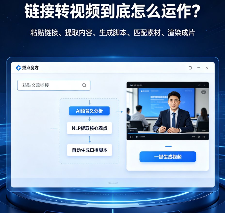 燃点魔方链接转视频操作界面,显示粘贴链接后自动生成视频的流程