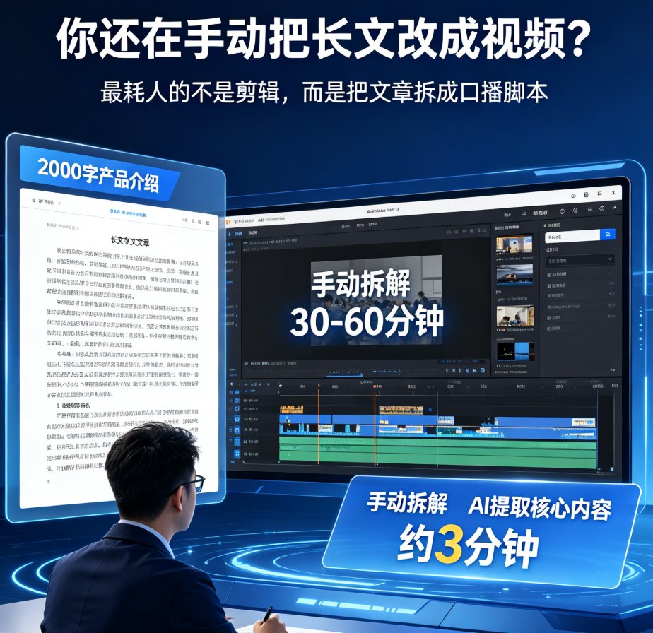 长文链接一键转视频，AI提取核心内容，3分钟生成口播短视频