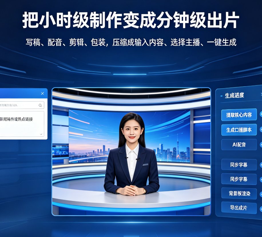 燃点魔方新闻播讲功能操作界面,左侧为新闻稿输入框,右侧为虚拟主播预览和生成按钮
