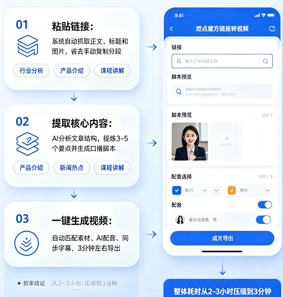 燃点魔方链接转视频功能界面,展示粘贴链接后的自动提取过程