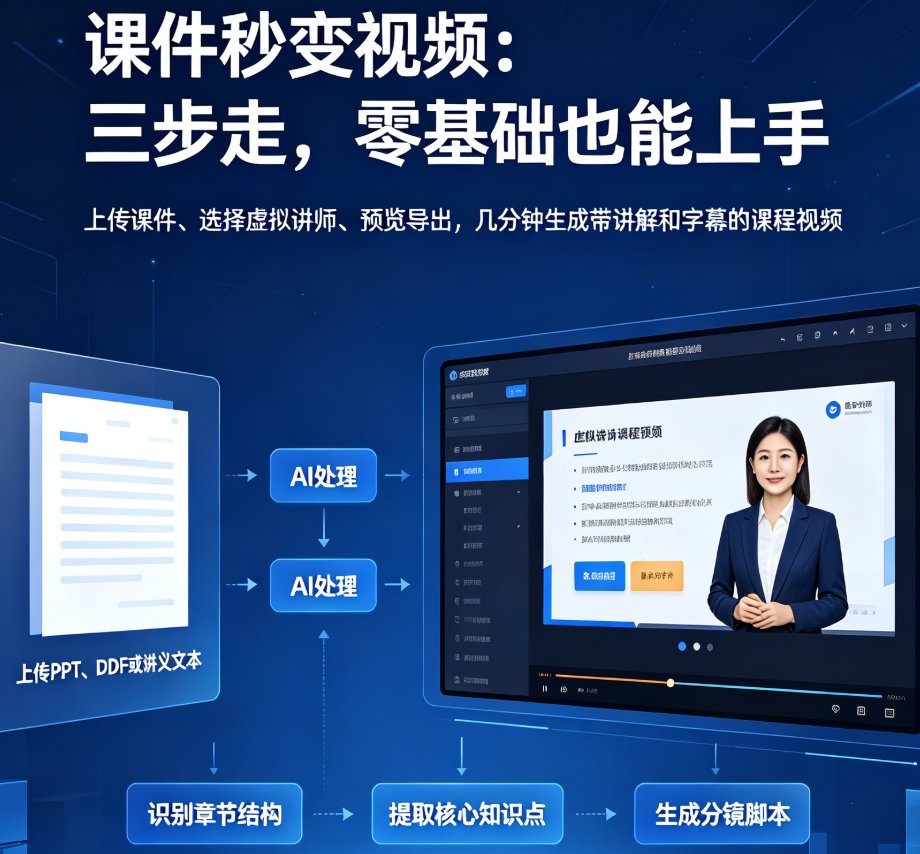燃点魔方知识播讲功能界面,左侧为课件上传区,右侧为虚拟讲师预览窗口