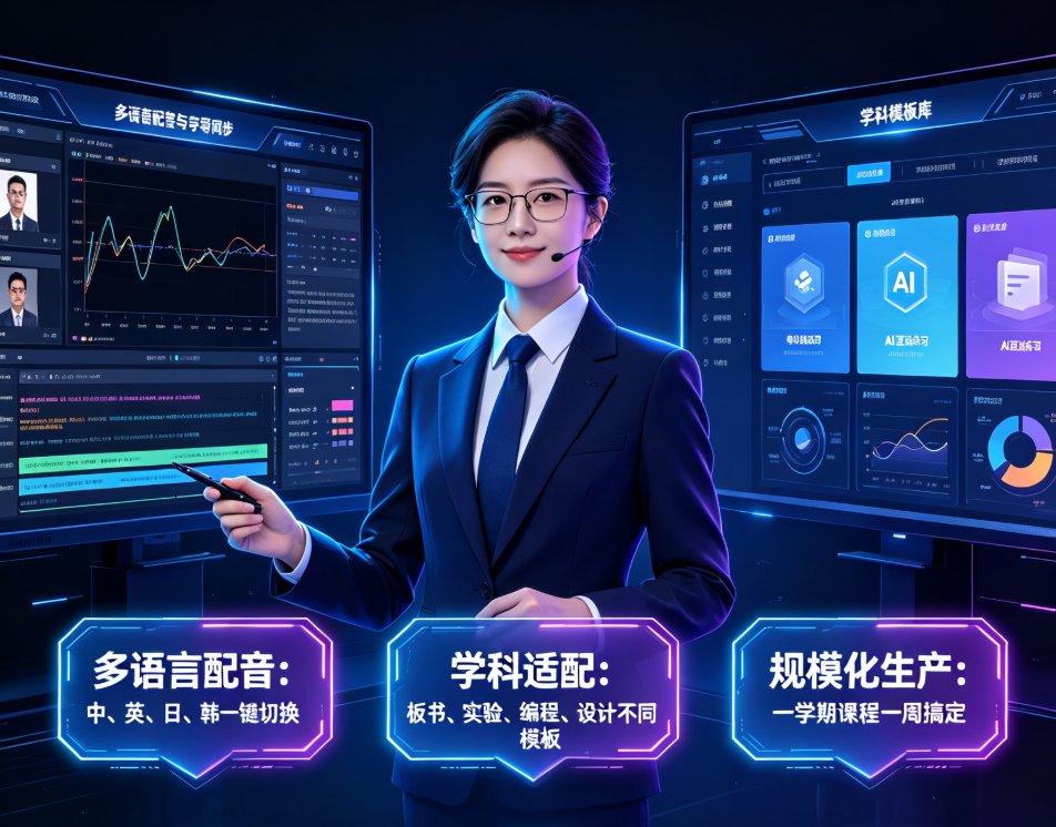 燃点魔方知识播讲制作界面，展示上传PPT、选择虚拟讲师形象、生成视频的步骤