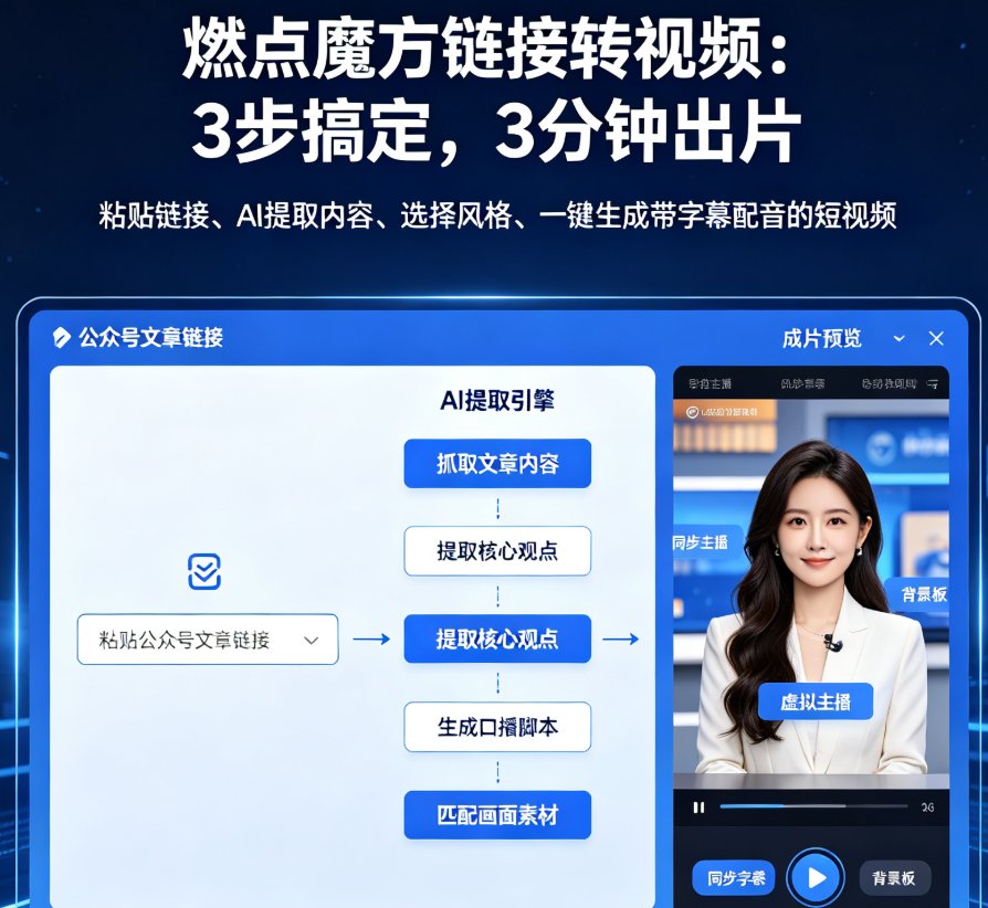 公众号长文没人看？燃点魔方链接转视频，3分钟变口播短视频