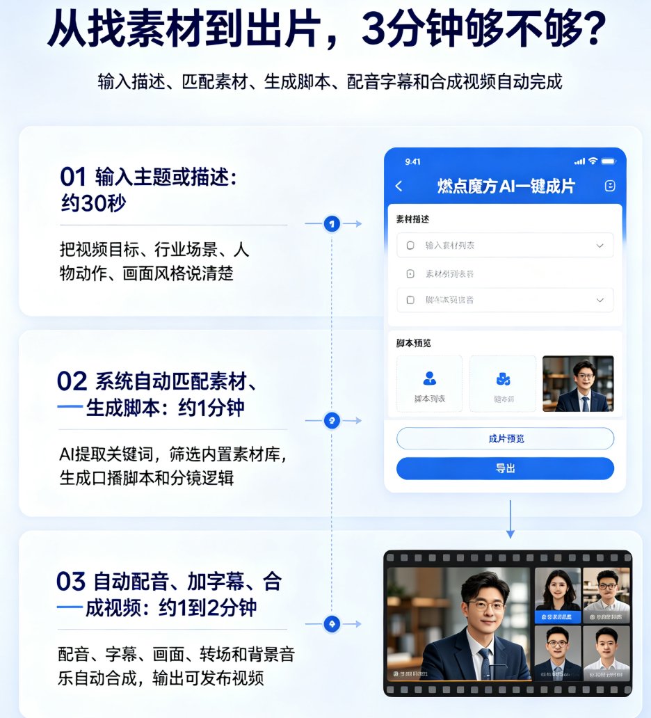 传统视频制作流程与AI一键成片流程的对比图,左侧是手工流程的6个环节,右侧是AI自动化的3个环节,中间用箭头标注效率提升倍数