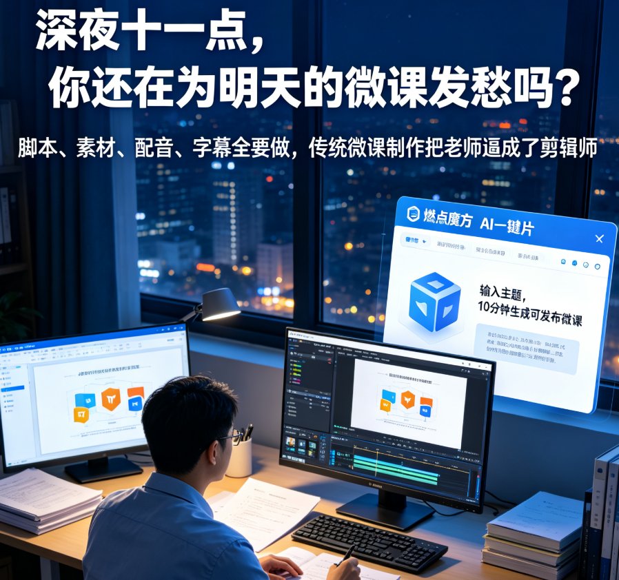 燃点魔方知识播讲界面,左侧上传课件,右侧实时预览虚拟讲师+图文演示效果
