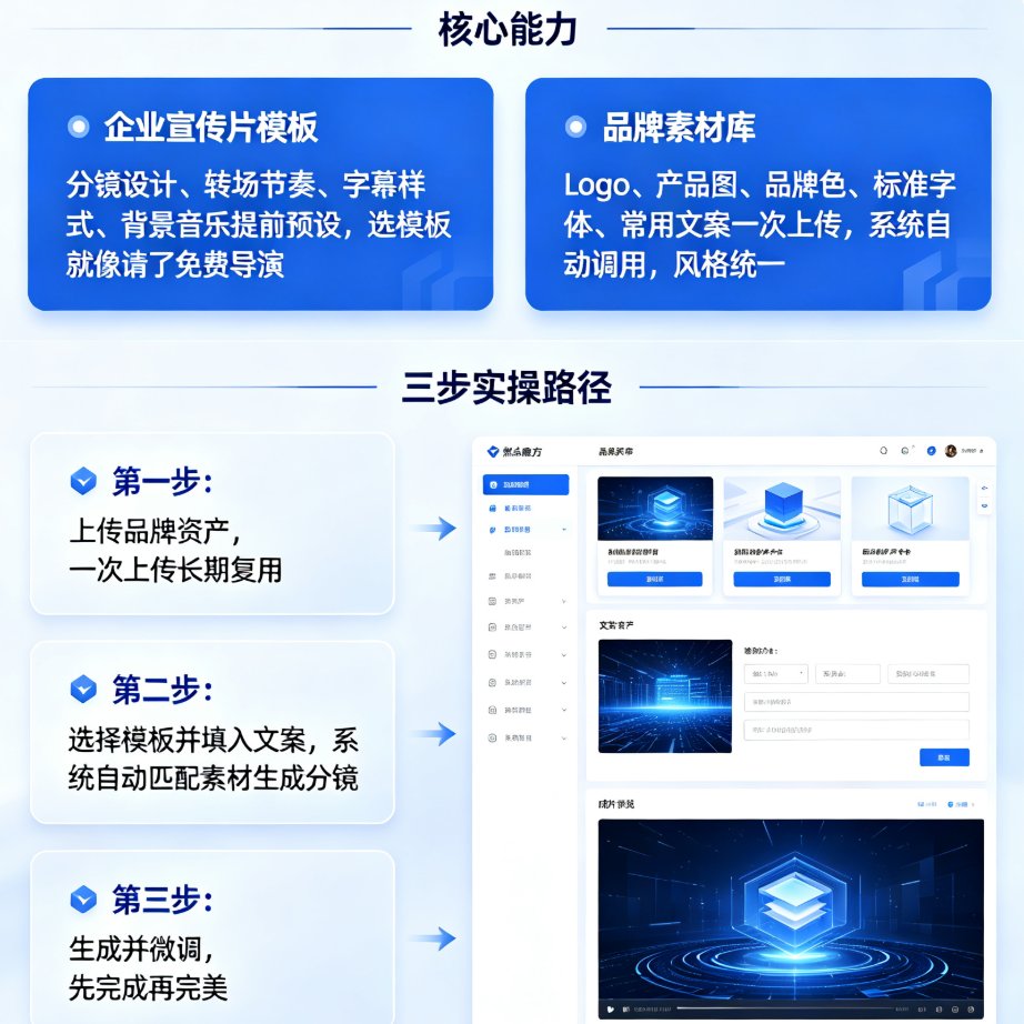 企业宣传片外包贵又慢？燃点魔方内置模板+品牌素材库，上传Logo自动生成