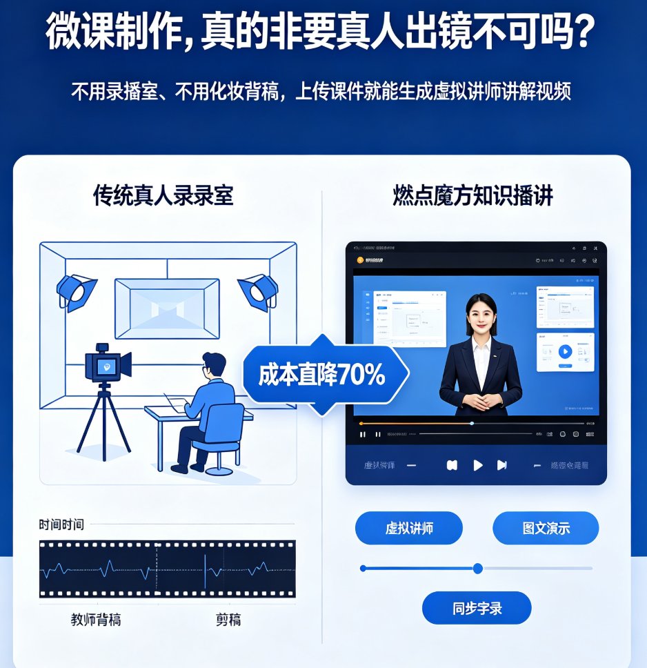 燃点魔方知识播讲功能操作界面，左侧为课件上传区，中间为虚拟讲师预览，右侧为生成设置选项