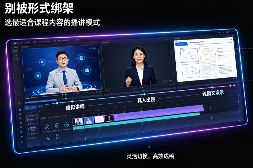 燃点魔方知识播讲模式选择界面,显示虚拟讲师、真人出镜、纯图文演示三个选项