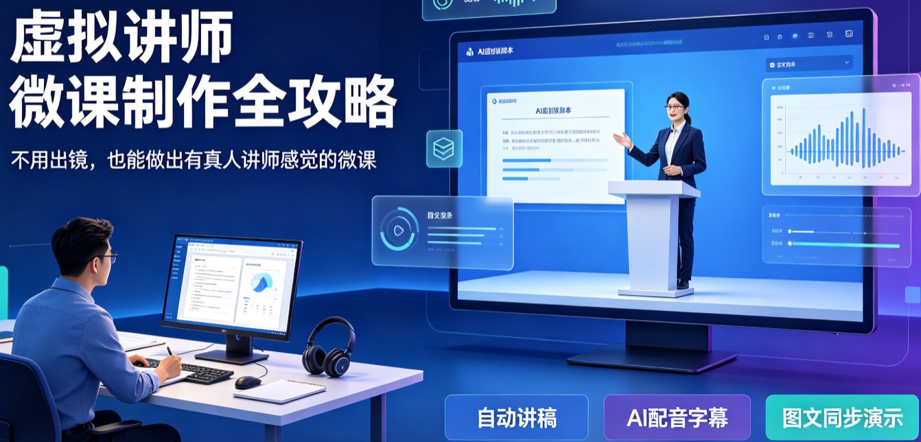 一位教师坐在电脑前,屏幕上显示燃点魔方知识播讲界面,虚拟讲师正在讲解PPT内容