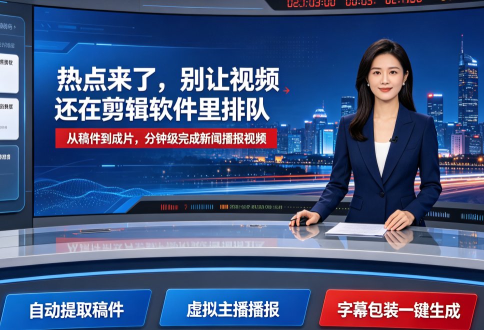 燃点魔方新闻播讲功能界面,左侧为虚拟主播形象设置面板,右侧为背景板与字幕样式选项,下方为生成预览窗口