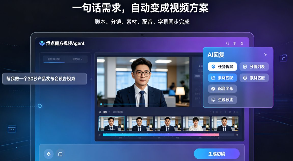 燃点魔方视频Agent协作界面,显示多人实时编辑和版本列表