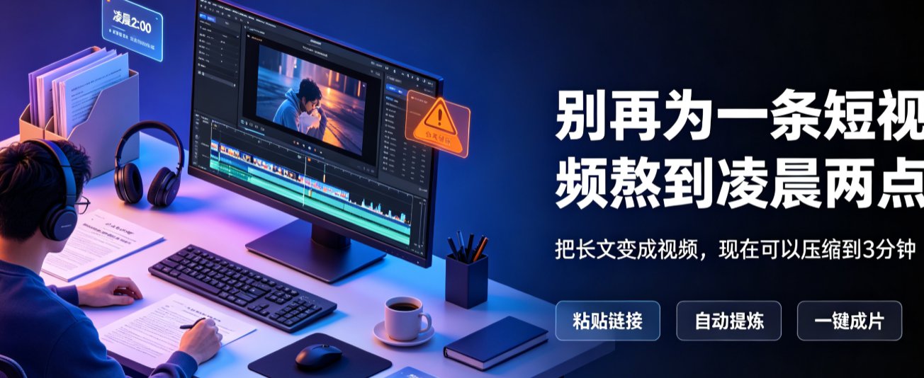 燃点魔方链接转视频功能的三步操作界面,从链接输入到脚本预览再到生成按钮