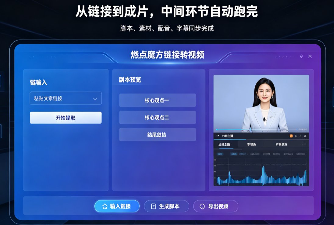 燃点魔方链接转视频操作界面，展示粘贴链接和生成按钮