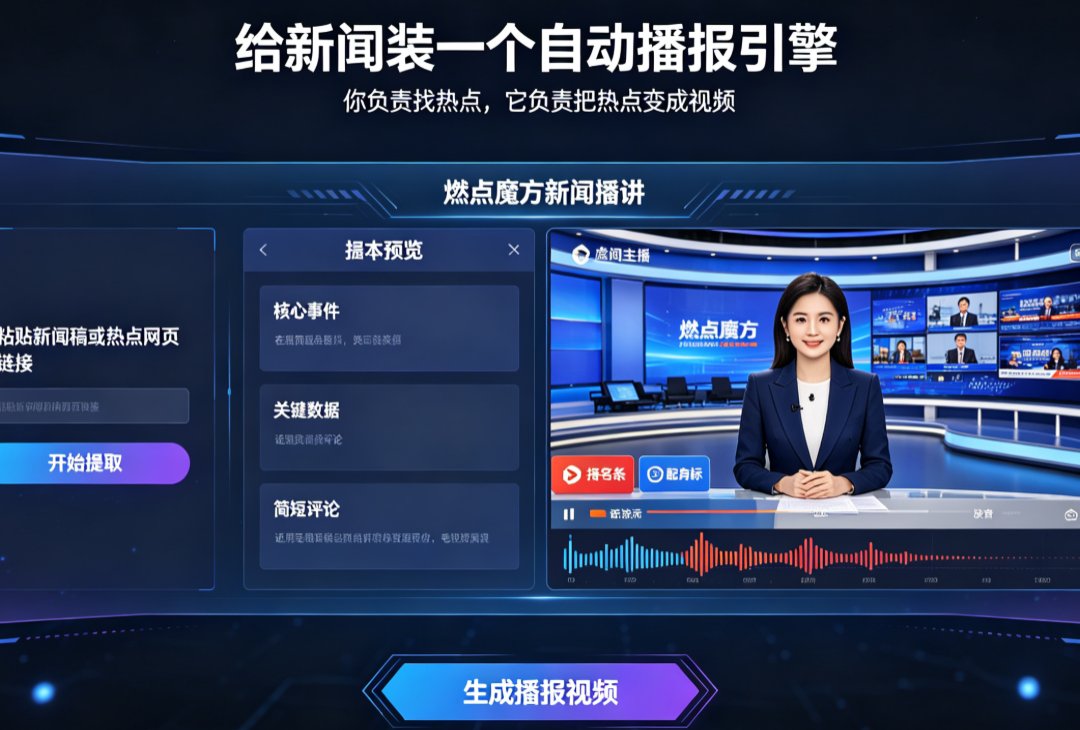 新闻播报视频如何快速产出？燃点魔方AI主播定制，输入链接即可生成