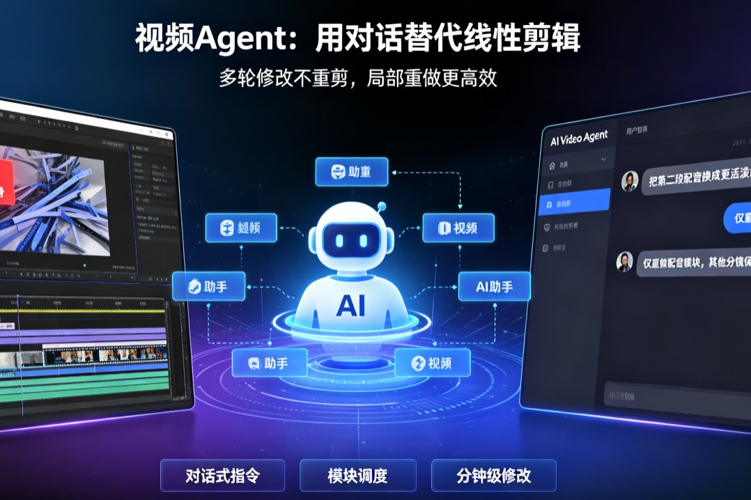 燃点魔方视频Agent对话界面,用户输入“把第二段配音换成更活泼的语气”后,系统仅重做配音模块,其他分镜保持不变