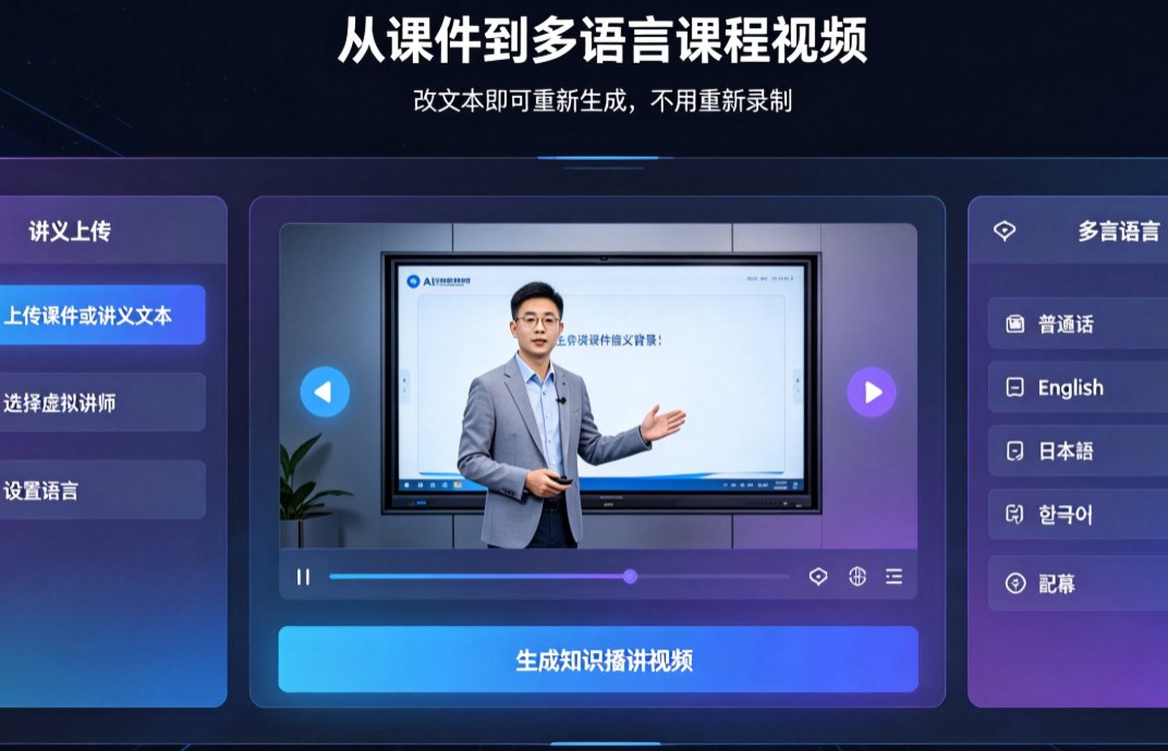 燃点魔方知识播讲功能界面,左侧为课件文本输入区,右侧为虚拟讲师预览画面