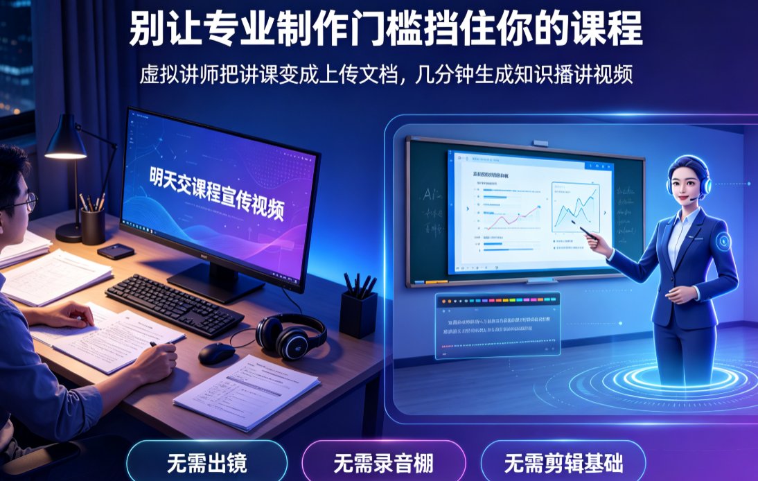 燃点魔方知识播讲视频制作界面,左侧为课件上传区,右侧为虚拟讲师预览窗口