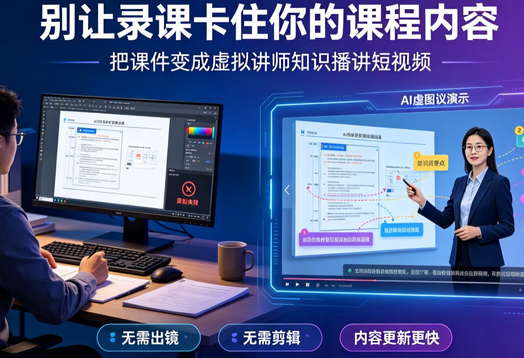 燃点魔方知识播讲短视频制作界面,左侧课件章节列、中间虚拟讲师预览、右侧脚本编辑区