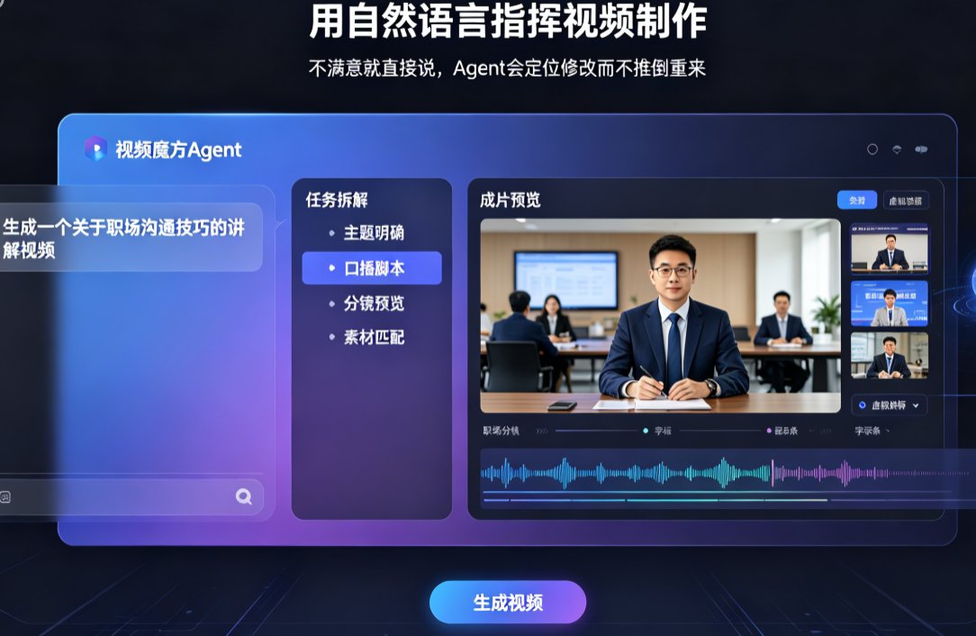 燃点魔方视频 Agent 的对话式指令修改界面,展示第 3 分钟鸽片段调整前后对比