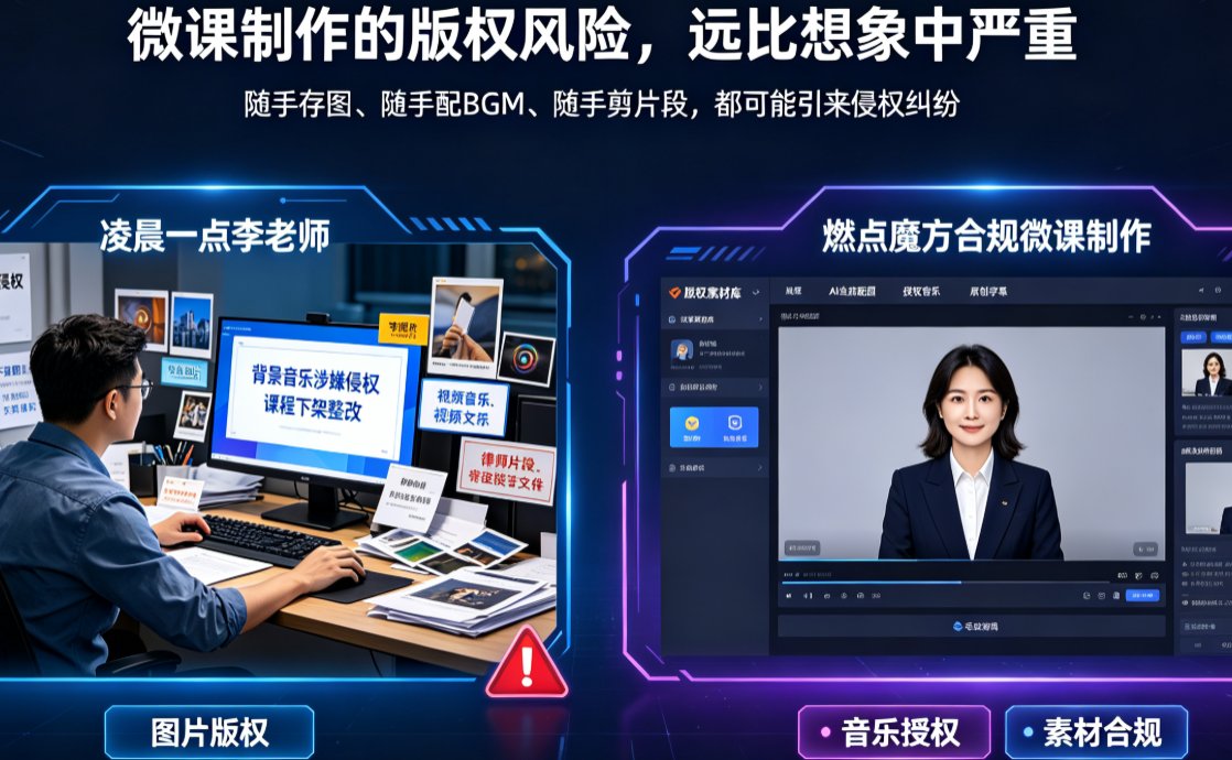 教师电脑桌面堆满各种下载素材的混乱场景,标注“常见侵权素材来源”