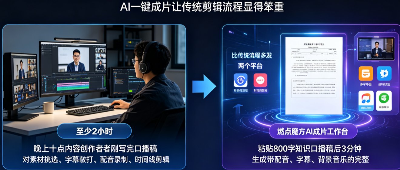 2026 AI一键成片工具实测：燃点魔方从口播文案到成片效率如何？