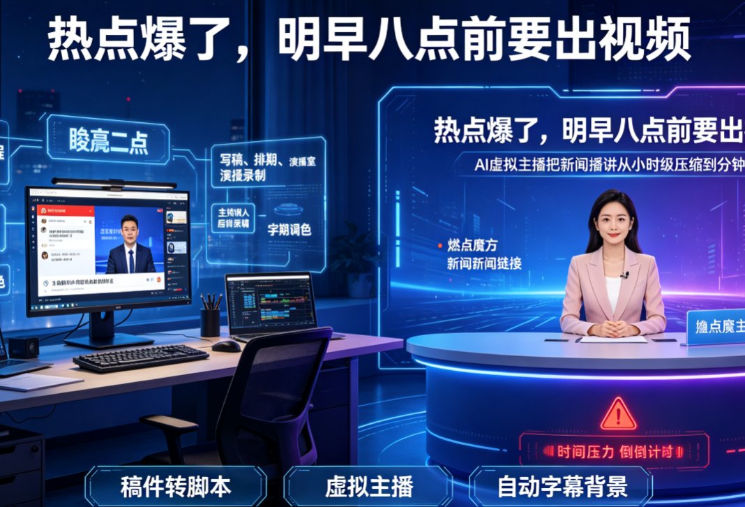 燃点魔方新闻播讲功能操作界面，左侧为稿件输入区，右侧为虚拟主播预览与生成按钮