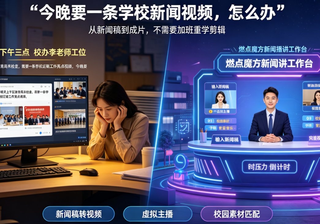 学校新闻宣传视频怎么做？燃点魔方AI新闻播讲一键生成主播风格短视频