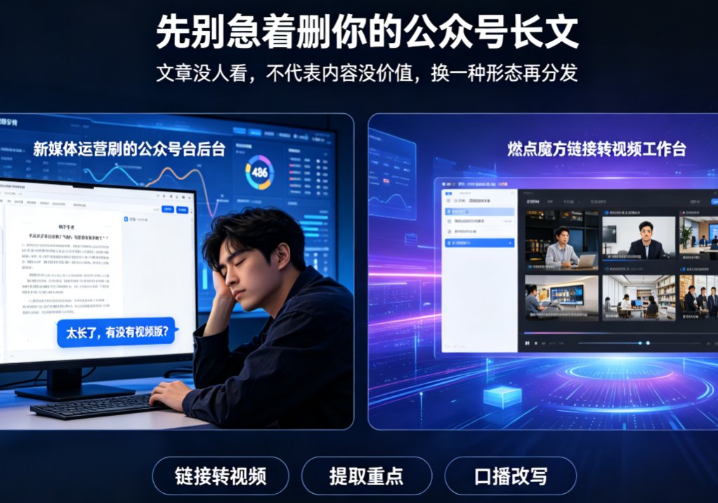 公众号长文没人看？燃点魔方链接转视频，3分钟把文章变成口播短视频