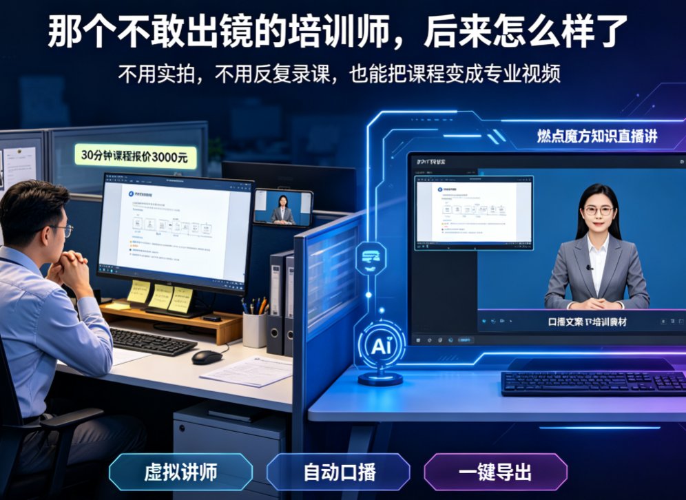 燃点魔方知识播讲制作界面,左侧为PPT预览,右侧为虚拟讲师形象和口播文案编辑区