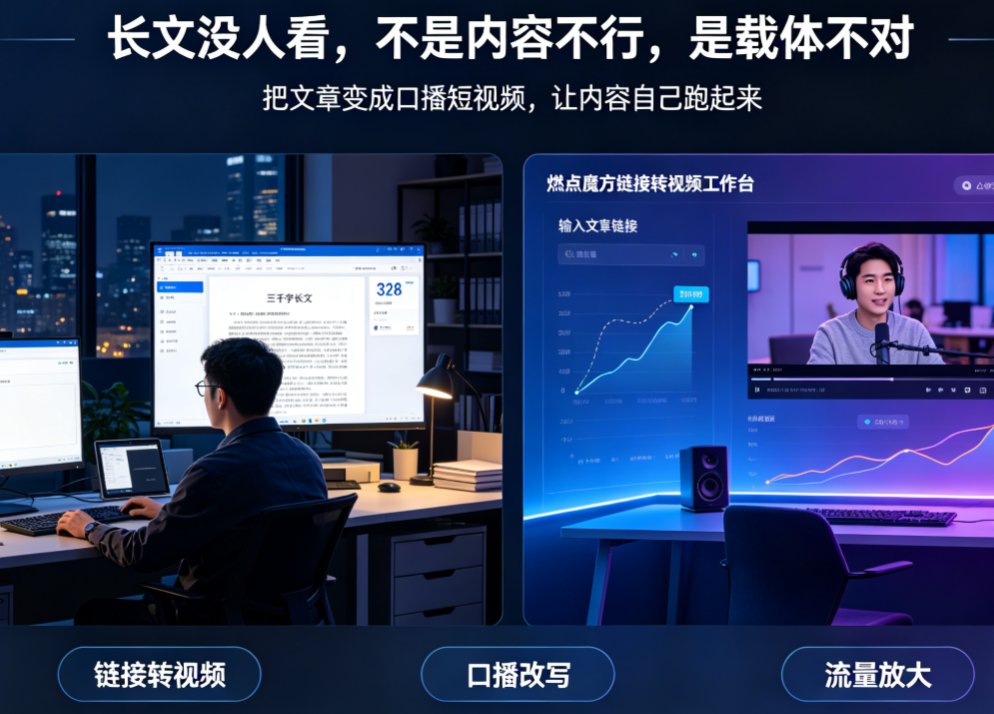 燃点魔方链接转视频操作界面,左侧粘贴链接,右侧实时预览成片效果