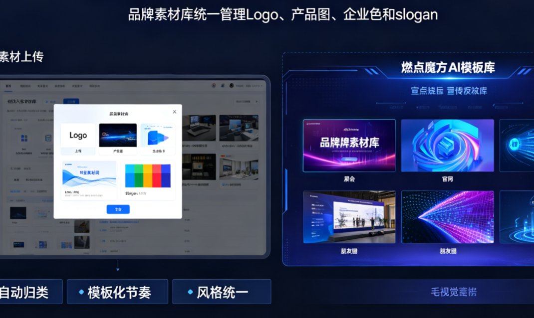 燃点魔方平台内上传品牌素材库的界面，左侧是Logo和产品图上传区，右侧展示视频生成预览画面