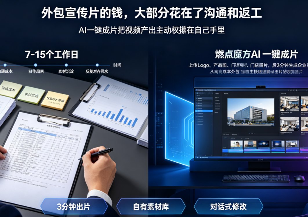 企业宣传视频制作太贵？燃点魔方AI一键成片，上传素材3分钟出片