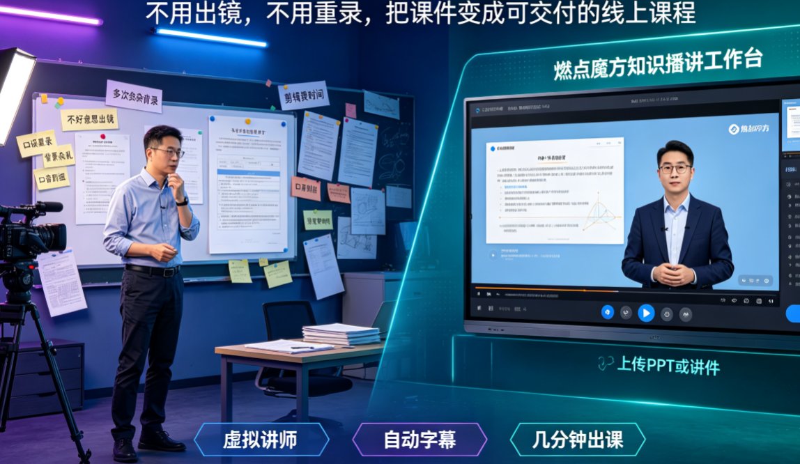 燃点魔方知识播讲界面——左侧PPT缩略图、右侧虚拟讲师预览、底部字幕时间轴