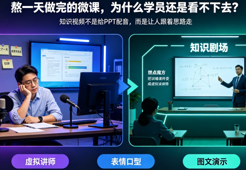 燃点魔方知识播讲后台，虚拟讲师站在屏幕前，左侧是图文演示的叶绿体结构图，右侧有字幕和进度条