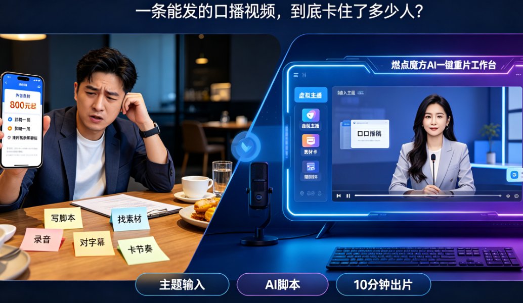 燃点魔方AI一键成片实测：从选题到发布几分钟搞定口播短视频