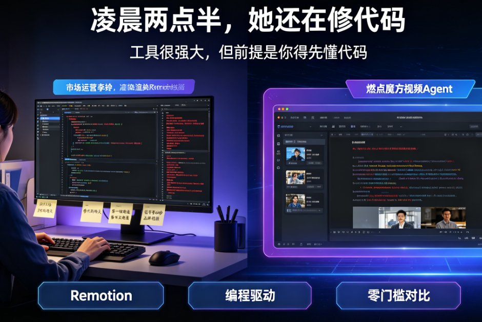 燃点魔方对话界面，用户输入需求后，Agent 自动生成分镜脚本和预览视频