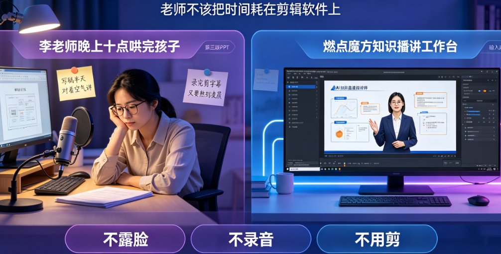 燃点魔方知识播讲功能界面,左侧为课件内容列表,右侧为虚拟讲师预览窗口,下方为配音与字幕设置面板