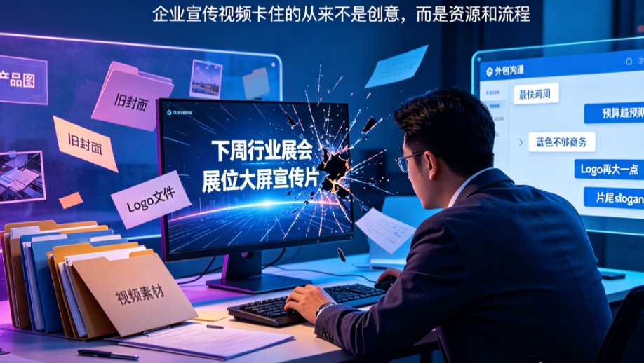 燃点魔方企业宣传视频制作界面,左侧为品牌素材库上传区,右侧为模板预览与成片时间轴