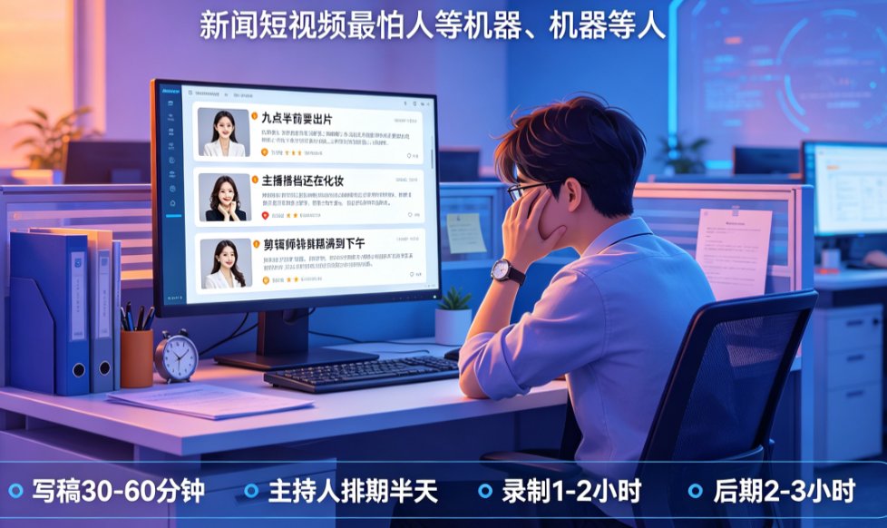 传统新闻视频制作流程四步骤时间轴示意图,标注各环节耗时占比