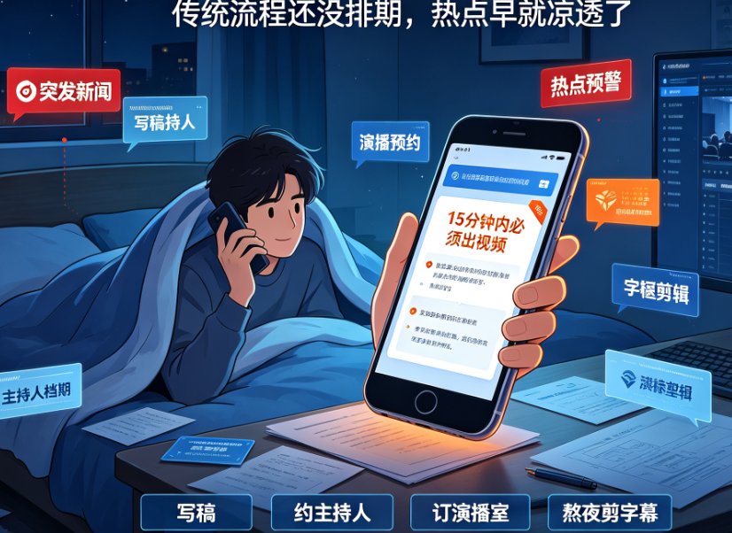 燃点魔方新闻播讲功能操作界面，左侧为稿件输入框，右侧为虚拟主播预览与生成按钮