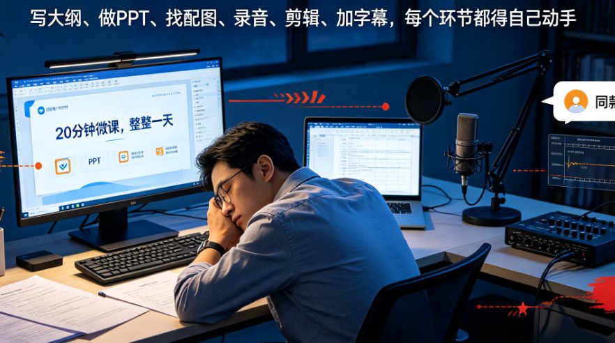 燃点魔方视频Agent后台对话界面,左侧输入框显示对话式指令“将第三章PPT转化为5分钟微课视频”,右侧显示任务拆解和渲染进度