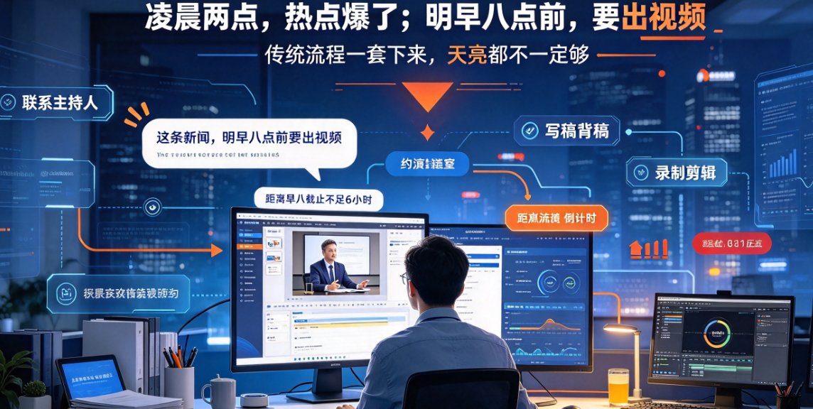 燃点魔方新闻播讲界面,左侧粘贴稿件,右侧选择虚拟主播形象,底部一键生成按钮
