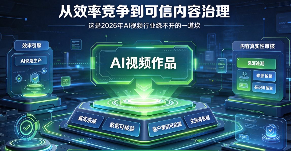 一张折线图,展示2024-2026年观众对AI生成视频怀疑度上升曲线,以及来源可追溯内容的信任度对比