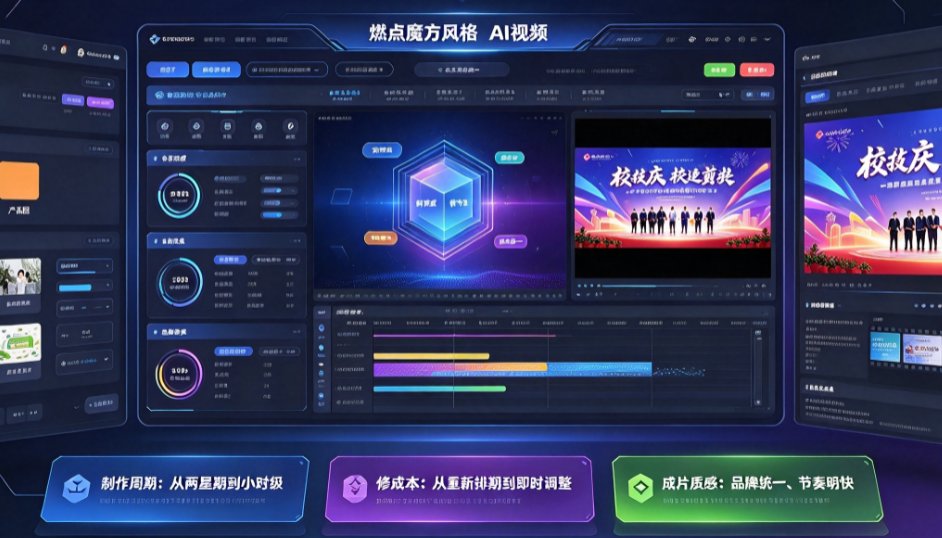 燃点魔方企业宣传片模板选择界面,左侧素材库、右侧模板列表