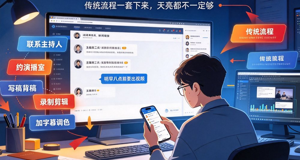 燃点魔方新闻播讲界面，左侧为稿件输入区，右侧为虚拟主播预览窗口