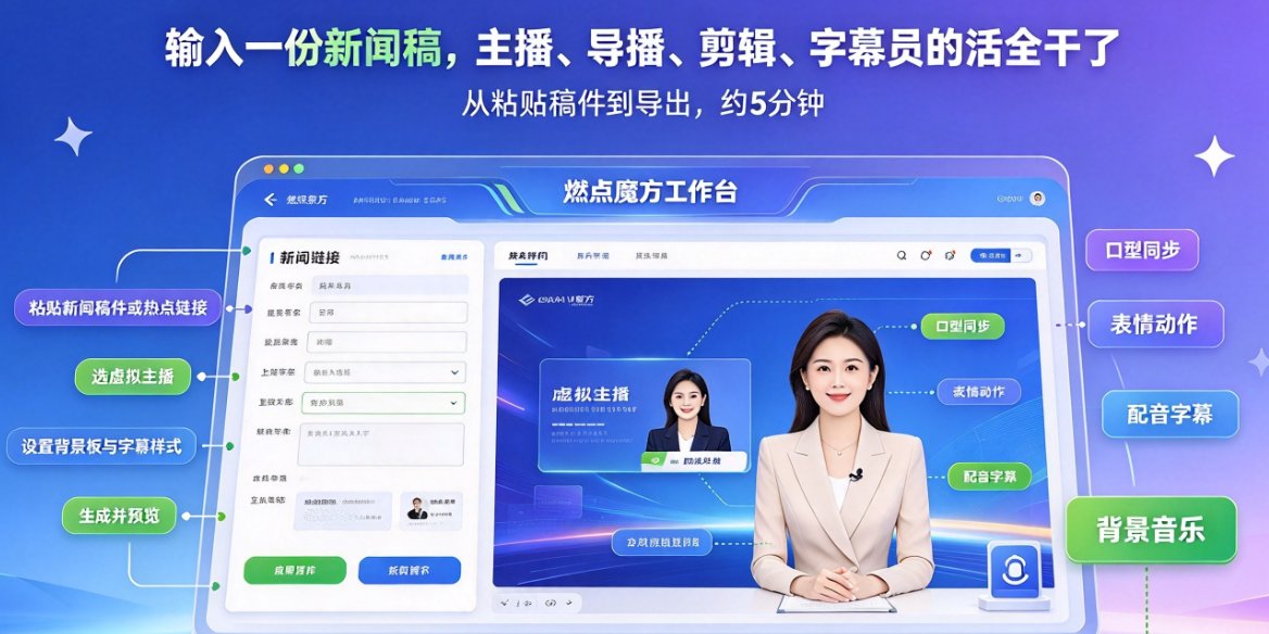 燃点魔方新闻播讲界面,左侧粘贴新闻链接,右侧预览虚拟主播播报画面