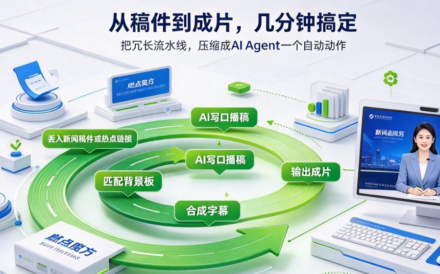 燃点魔方新闻播讲功能操作界面，左侧为文本输入区，右侧为虚拟主播预览与生成按钮