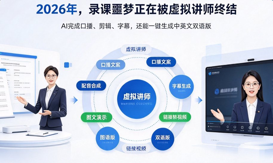 燃点魔方知识播讲界面——左侧课件大纲、中间虚拟讲师预览、右侧配音字幕设置